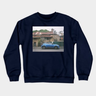 Timeless Sydney Charm: Modern Blue Car and Historic Sandstone House Crewneck Sweatshirt